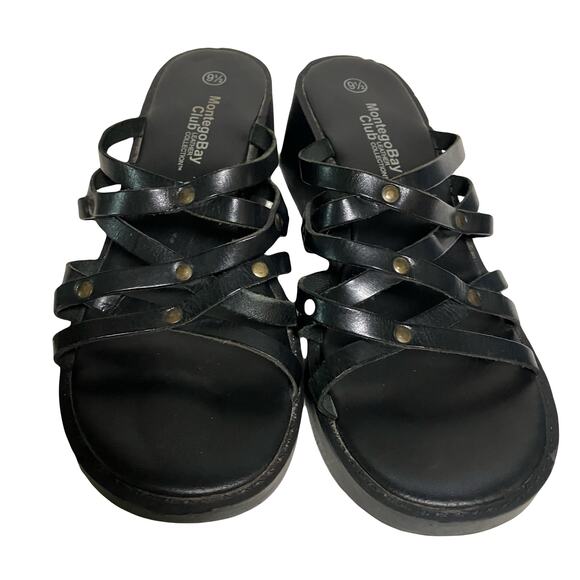 Y2K Montego Bay Club Sandal 9.5 Black Leather Strappy Chunky VTG Wedge Platform - Picture 6 of 7